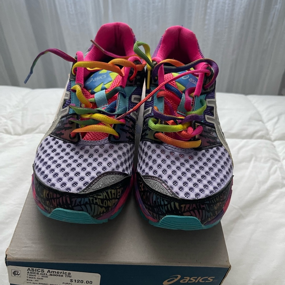 Multicolored sneakers.